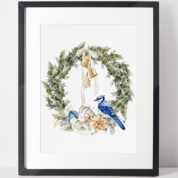 Wall Art Watercolor Blue Jay Christmas Wreath Illustration Print Card, Unframed - Picture 2 of 7